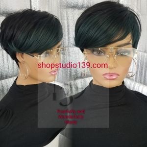 Human  hair green highlights pixie wig
